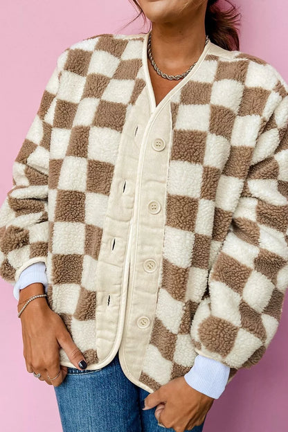 Checkered Sherpa Oversized Button Up Jacket