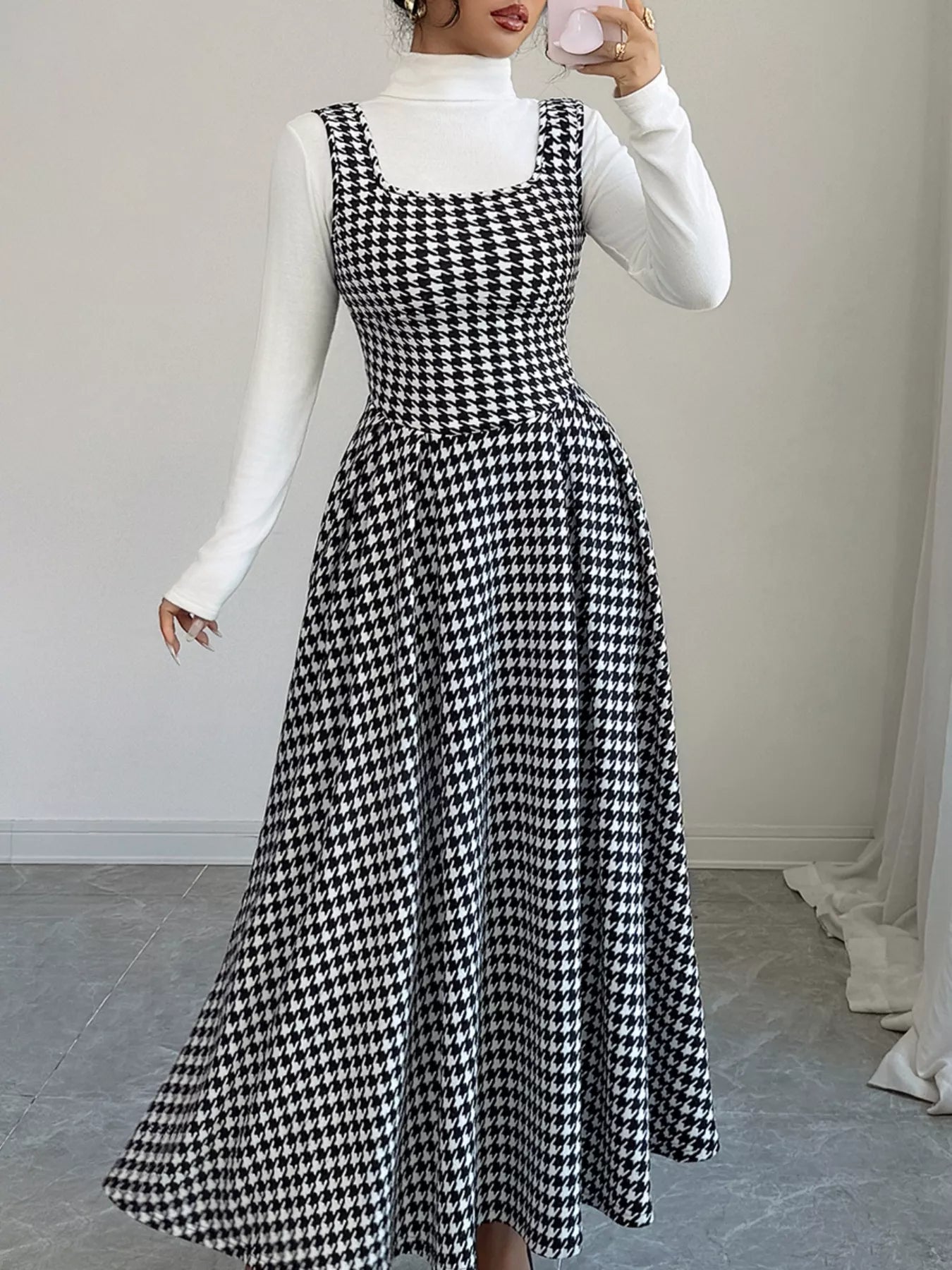 Houndstooth Sleeveless A-Line Dress Black