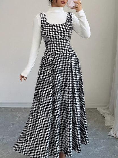 Houndstooth Sleeveless A-Line Dress Black