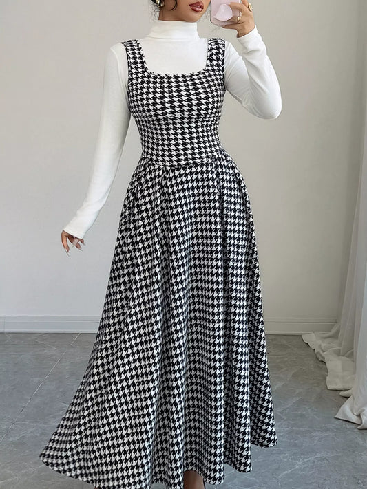 Houndstooth Sleeveless A-Line Dress Black