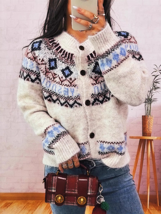 Geometric Pattern Button Up Long Sleeve Cardigan Apricot One Size