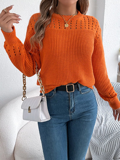 Openwork Round Neck Long Sleeve Sweater