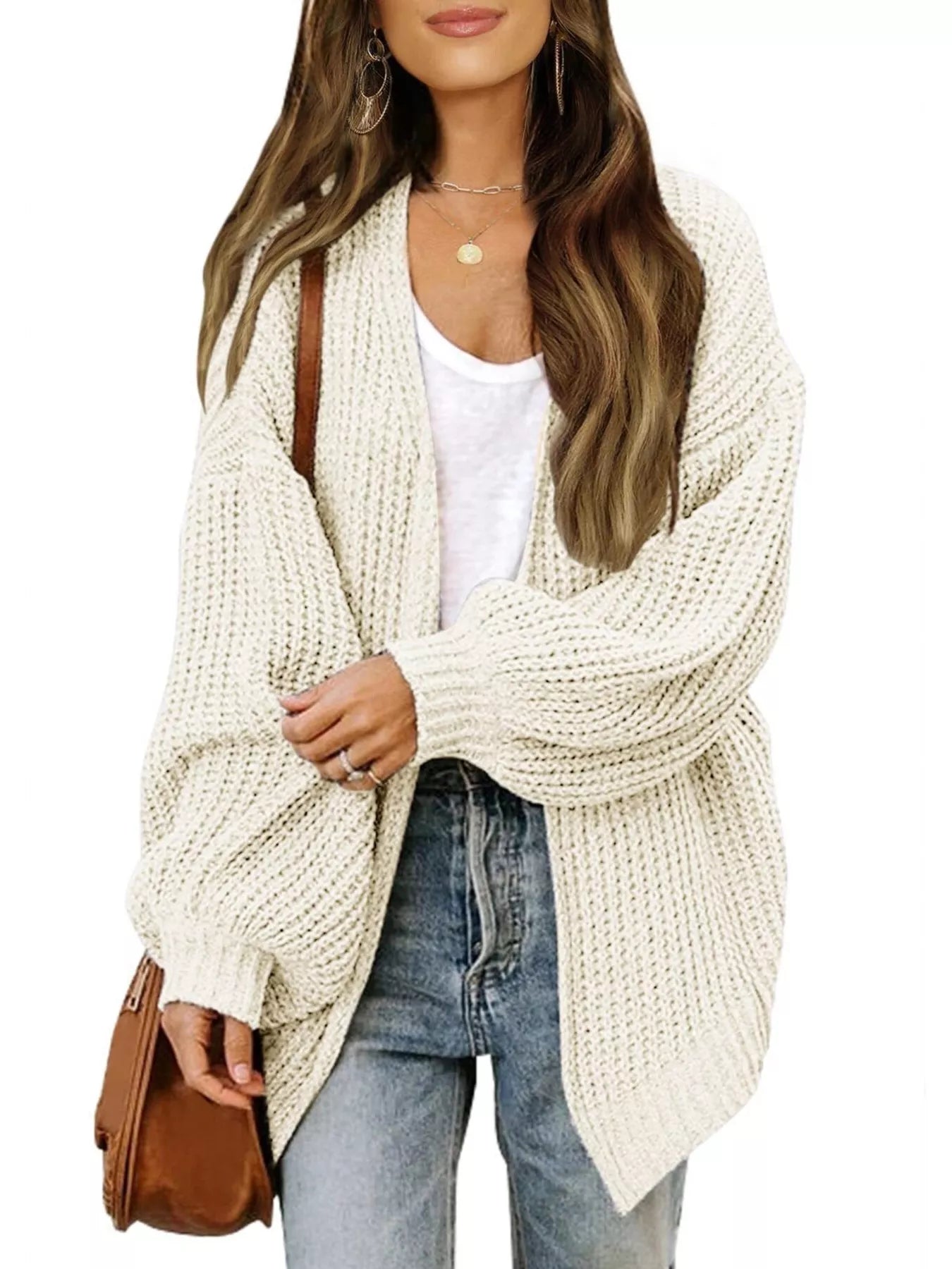 Oversized Chunky Knit Open Front Cardigan Beige