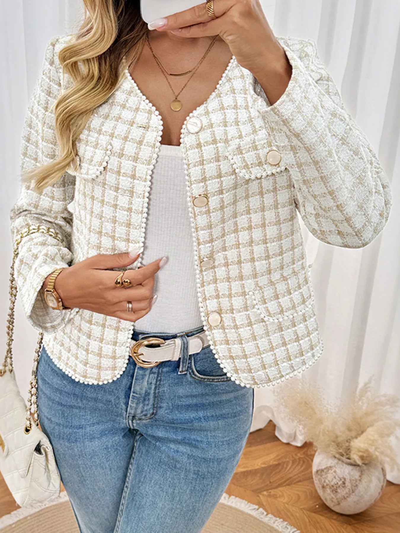 Pearl Trim Button Up Tweed Outerwear
