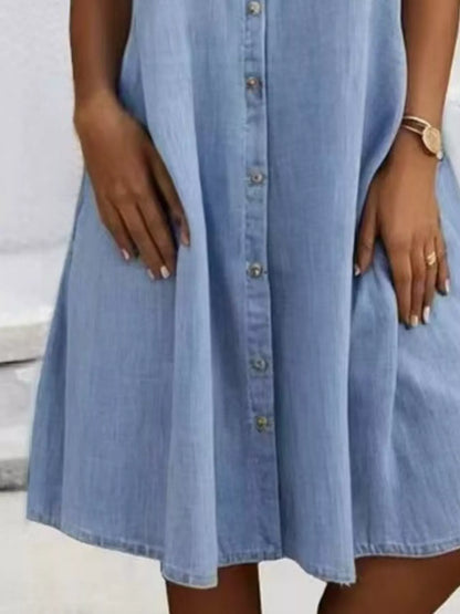 Full Size Button-Front Short Sleeve Denim Dress Plus Size