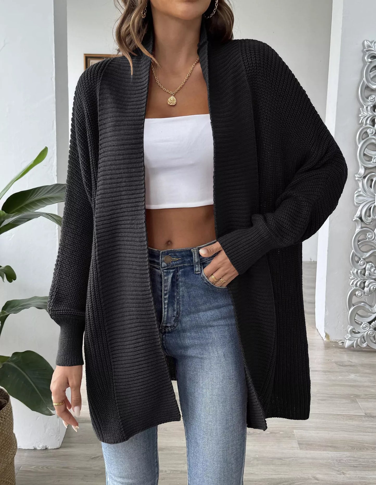 Open Front Ribbed Knit Cardigan Black One Size