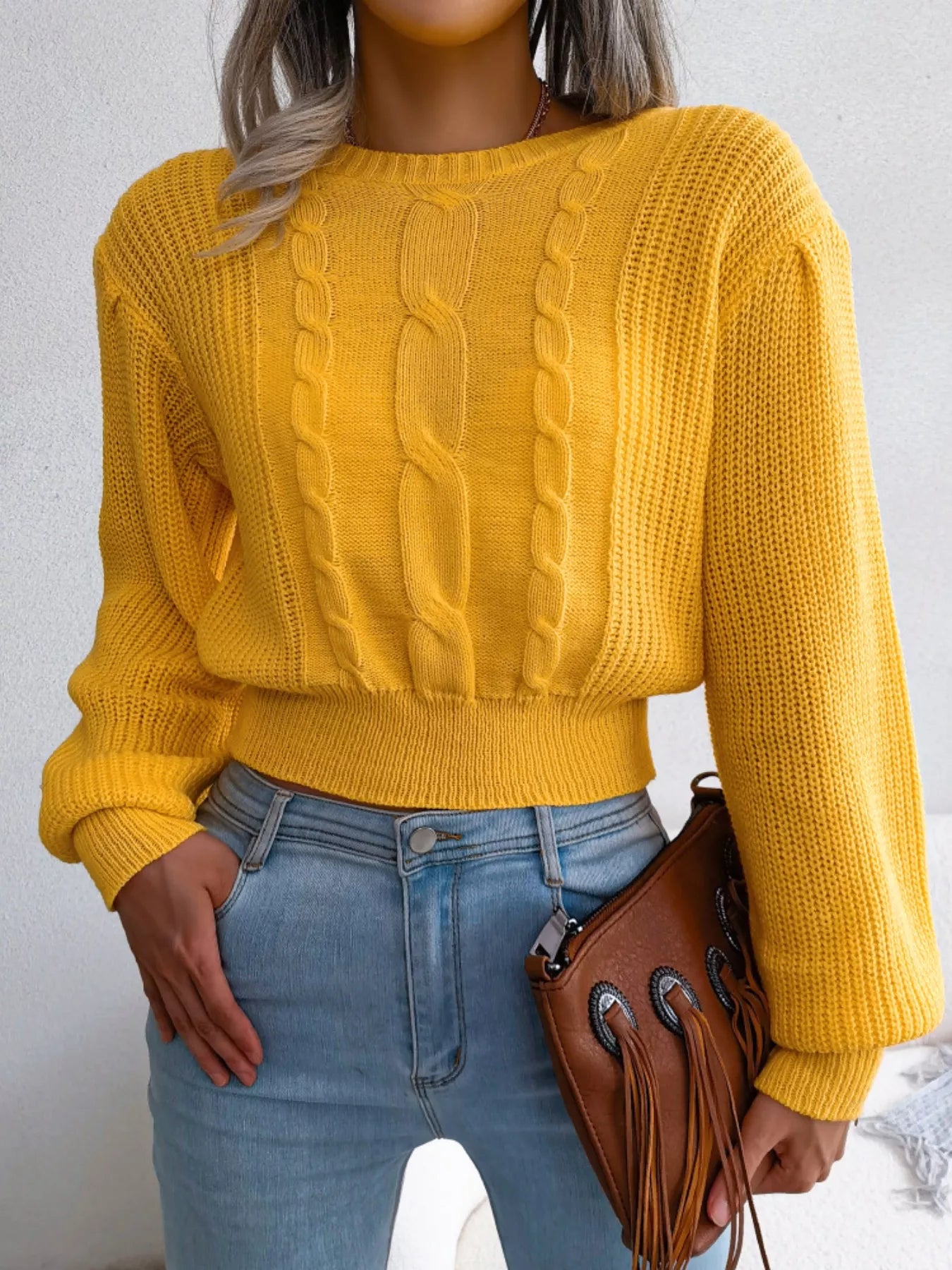 Cable Knit Round Neck Cropped Sweater