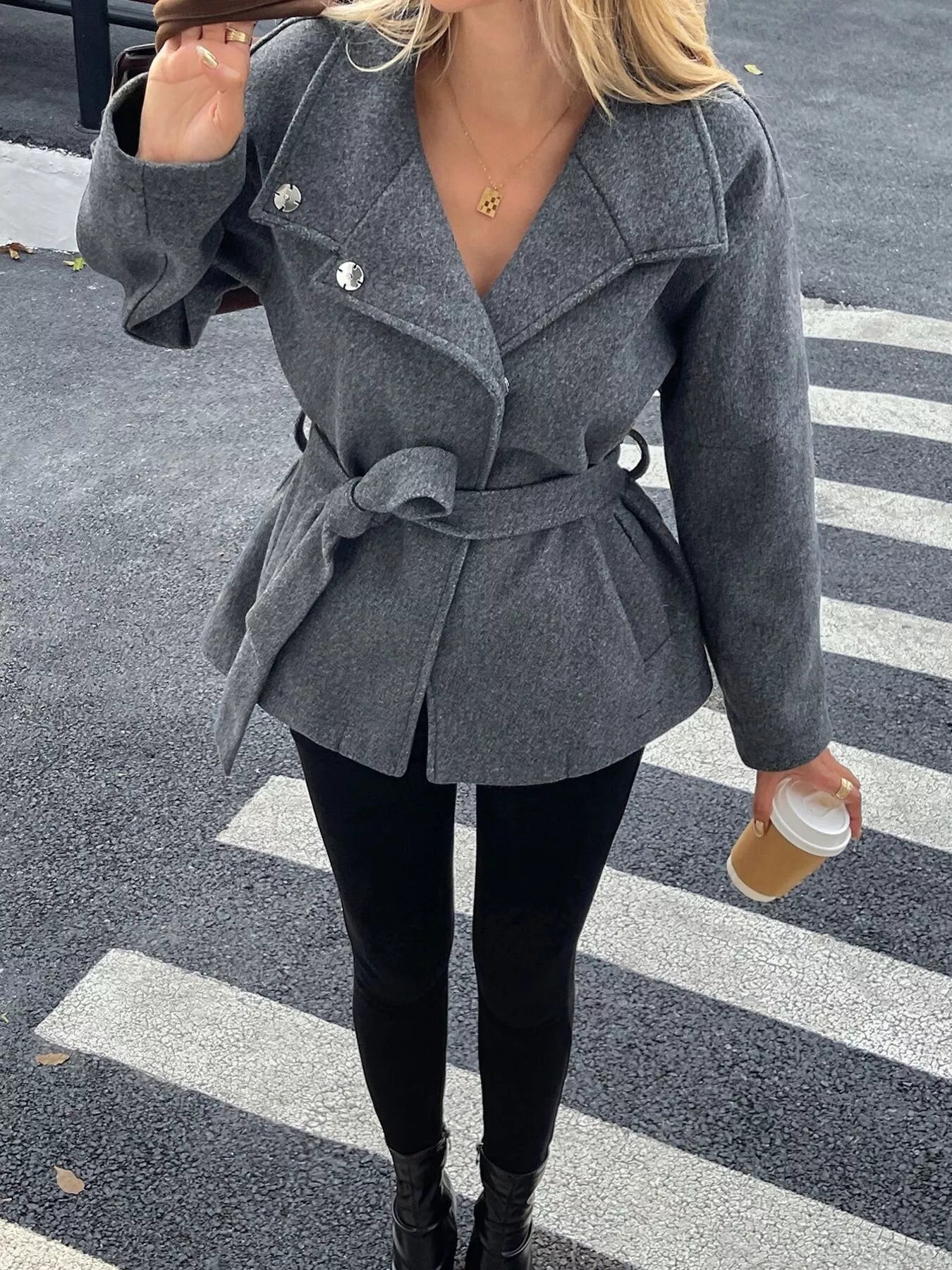 Tie Waist Wool Blend Outerwear