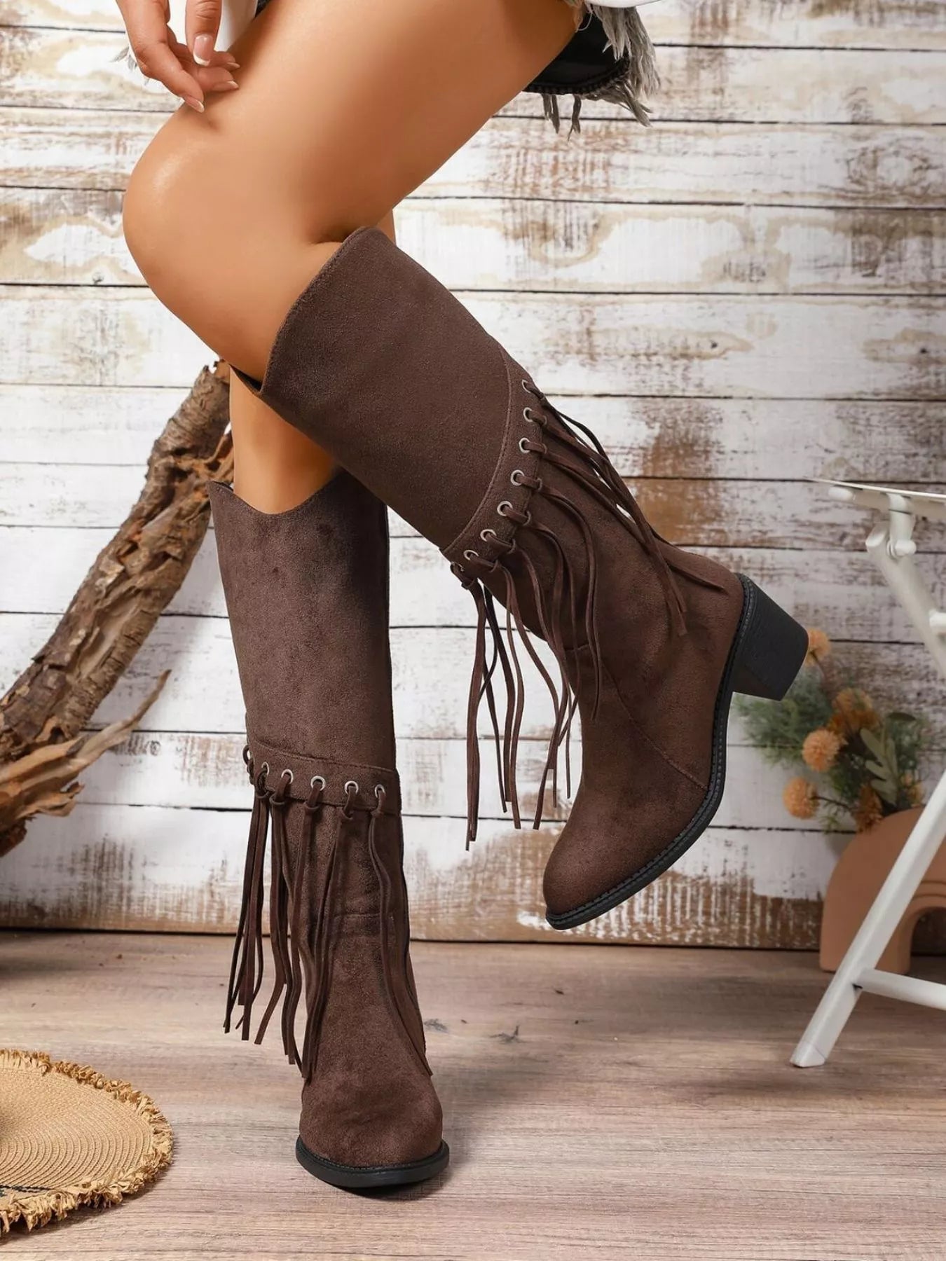 Fringe Point Toe Block Heels Boots Brown