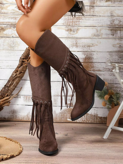 Fringe Point Toe Block Heels Boots Brown