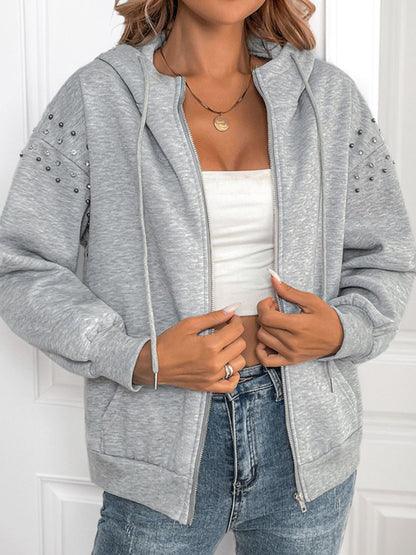 Perfee Rhinestone Zip Up Long Sleeve Hoodie Light Gray