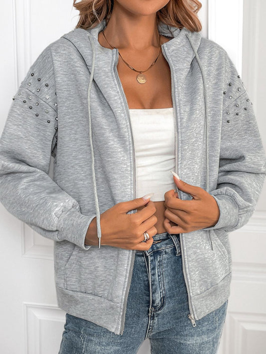 Perfee Rhinestone Zip Up Long Sleeve Hoodie Light Gray