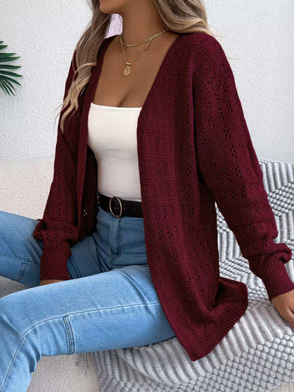 Open-Front Crochet Knit Cardigan Burgundy