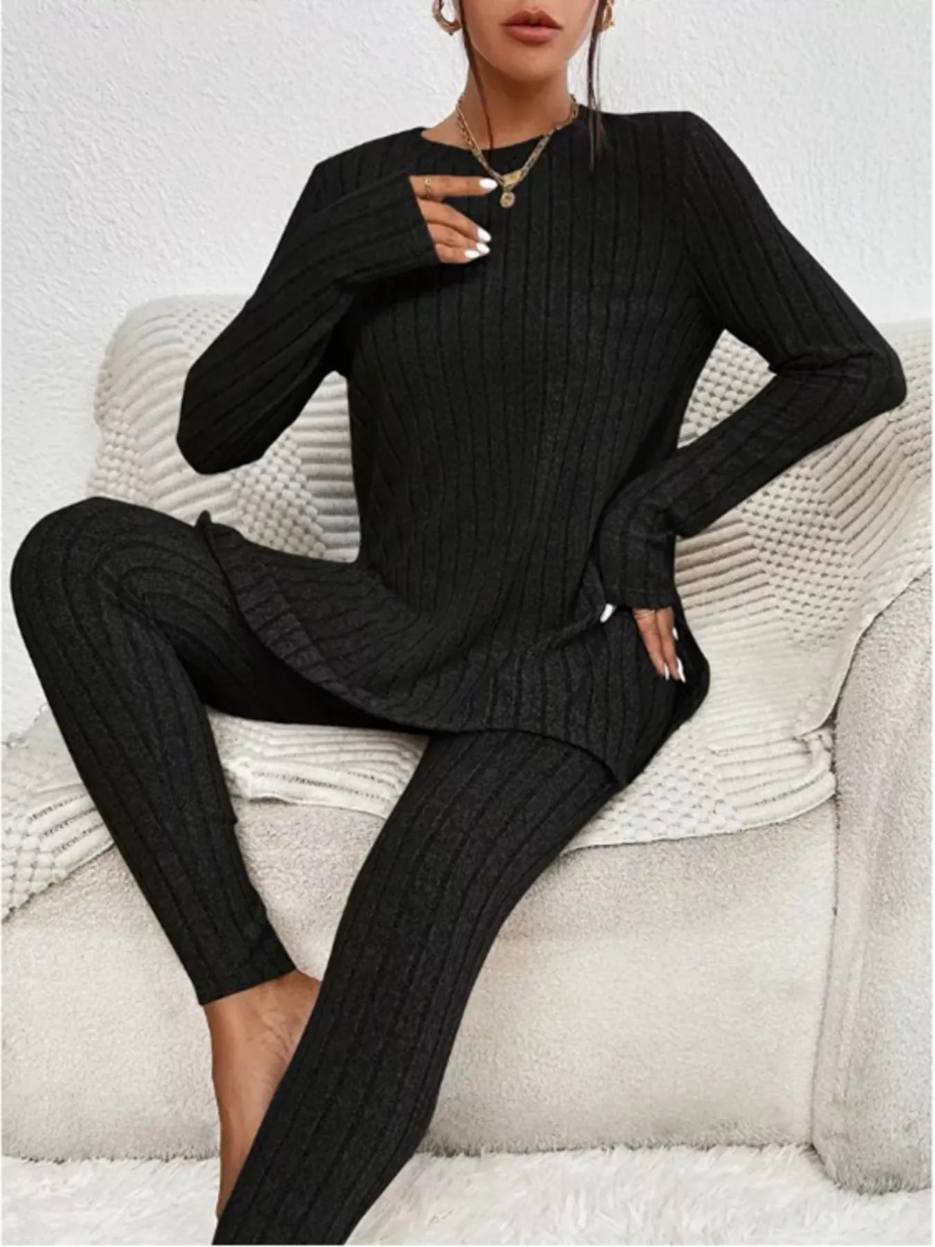 Side Slit Ribbed Top and Pants Set