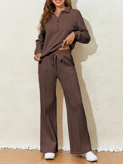 Collared Sweatshirt and High Waist Pants Active Set Brown
