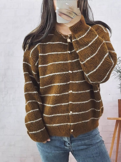 Striped Button Up Long Sleeve Cardigan Khaki One Size