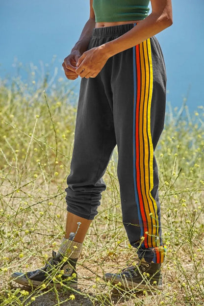 Contrast Striped Elastic Waist Active Pants Gray