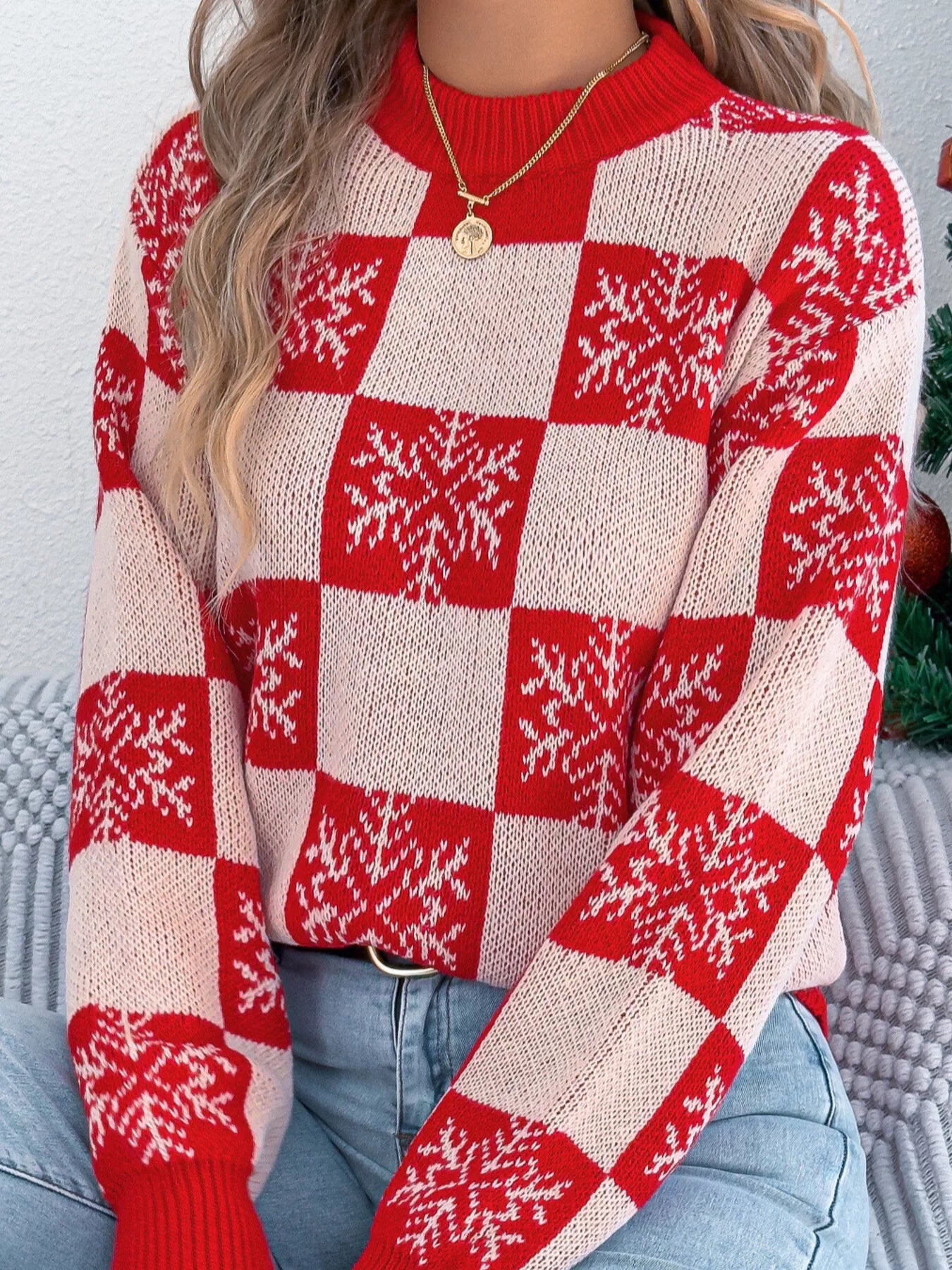 Christmas Snowflake Checkered Round Neck Sweater