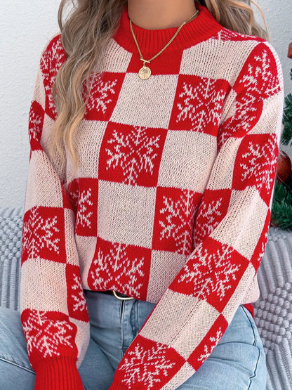 Christmas Snowflake Checkered Round Neck Sweater