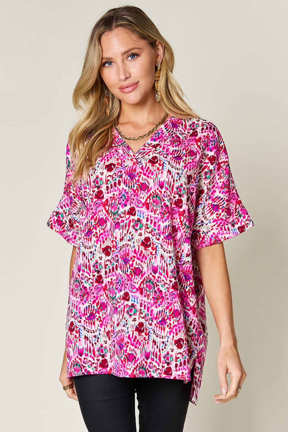 Printed V-Neck Short Sleeve Top Fuchsia Pink