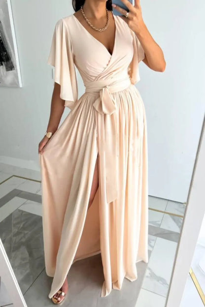 Surplice Flutter Sleeve Maxi Dress Tan