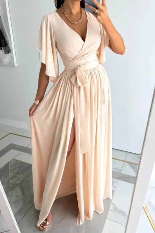 Surplice Flutter Sleeve Maxi Dress Tan