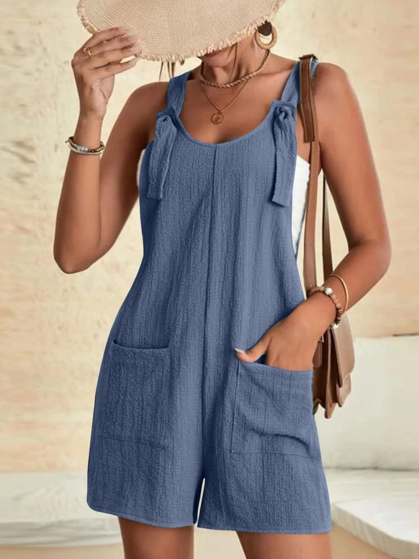 Full Size Knot Strap Romper with Pockets Plus Size Dusty Blue