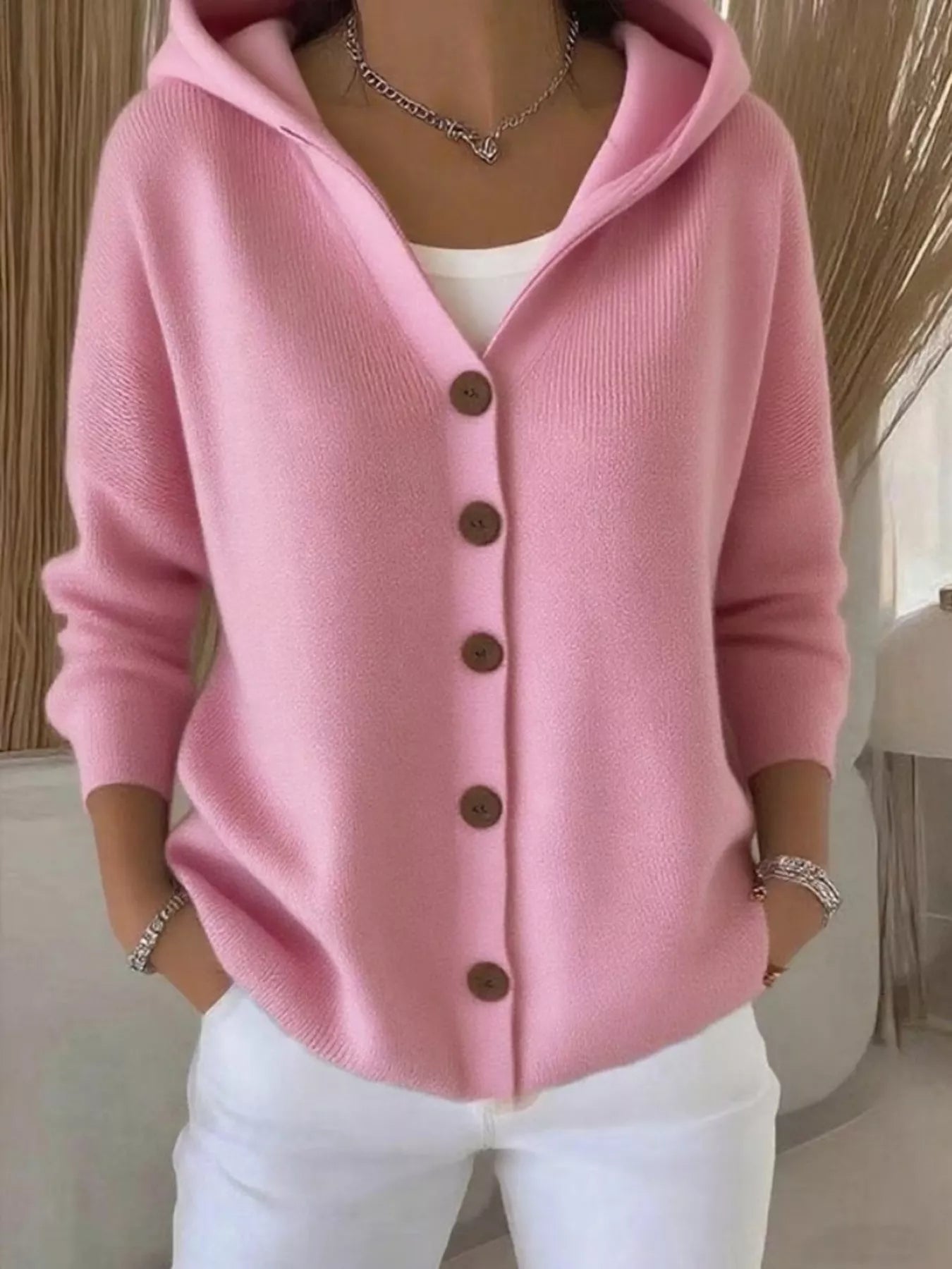 Full Size Hooded Button-Front Soft Knit Cardigan Plus Size Pink