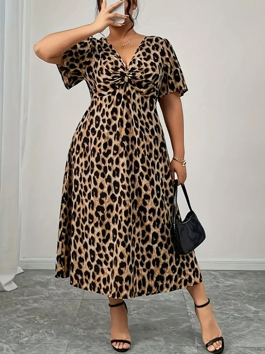 Plus Size Twisted Front Leopard Short Sleeve Dress Leopard