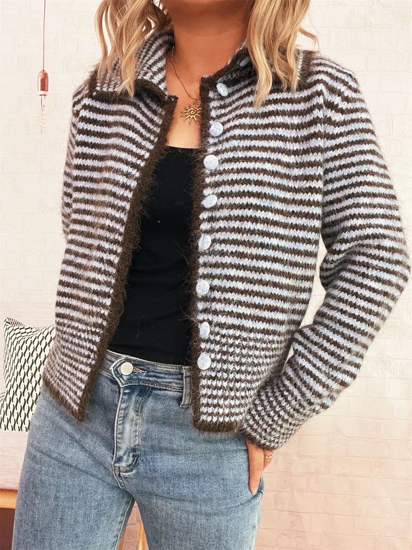 Striped Button-Up Long Sleeve Cardigan