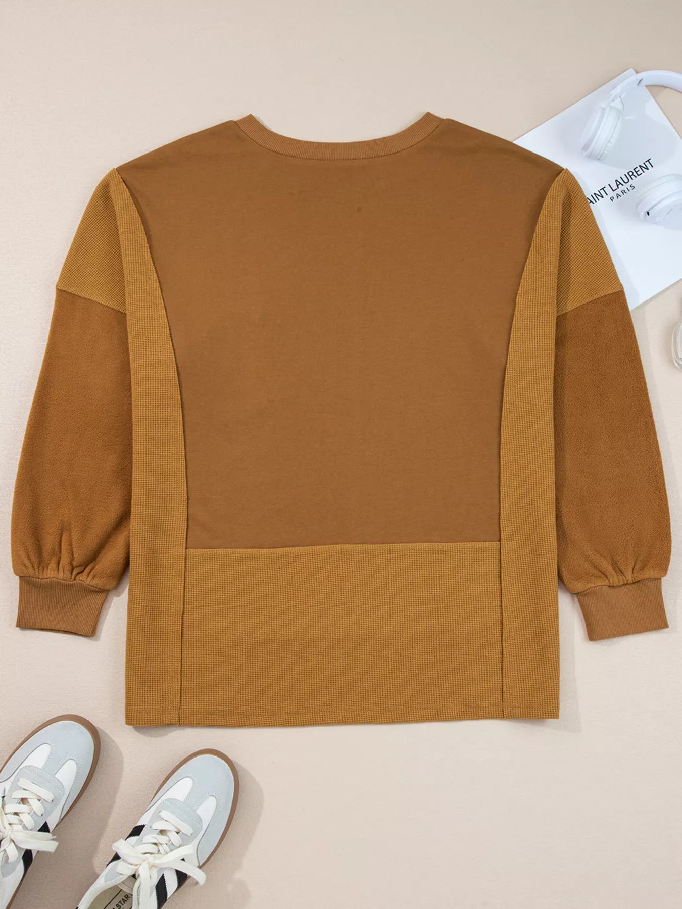 Oversized Textured Split Neck High Low Sweatshirt