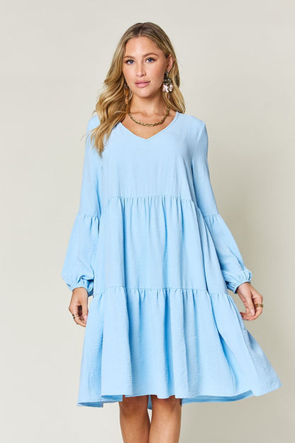 V-Neck Balloon Sleeve Tiered Boho Midi Dress Pastel Blue