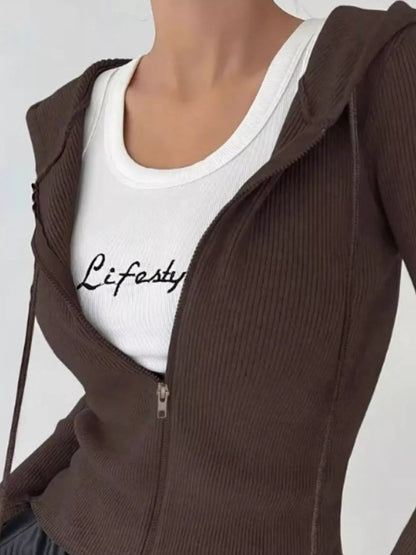 Ribbed Knit Zip-Up Hooded Cardigan