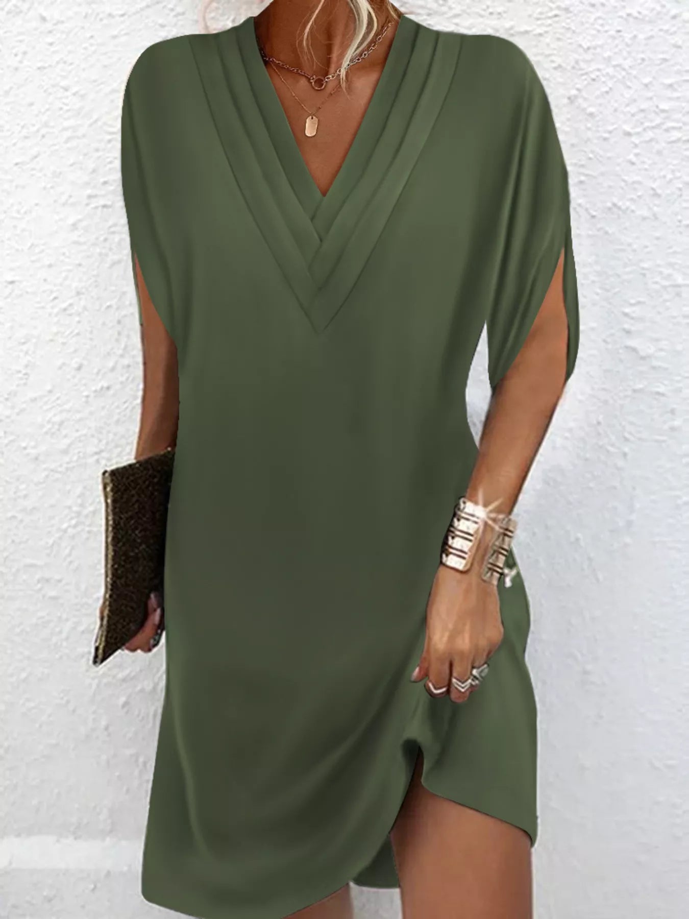 Full Size V-Neck Slit Sleeve Mini Dress Plus Size Army Green
