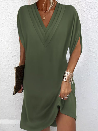 Full Size V-Neck Slit Sleeve Mini Dress Plus Size Army Green