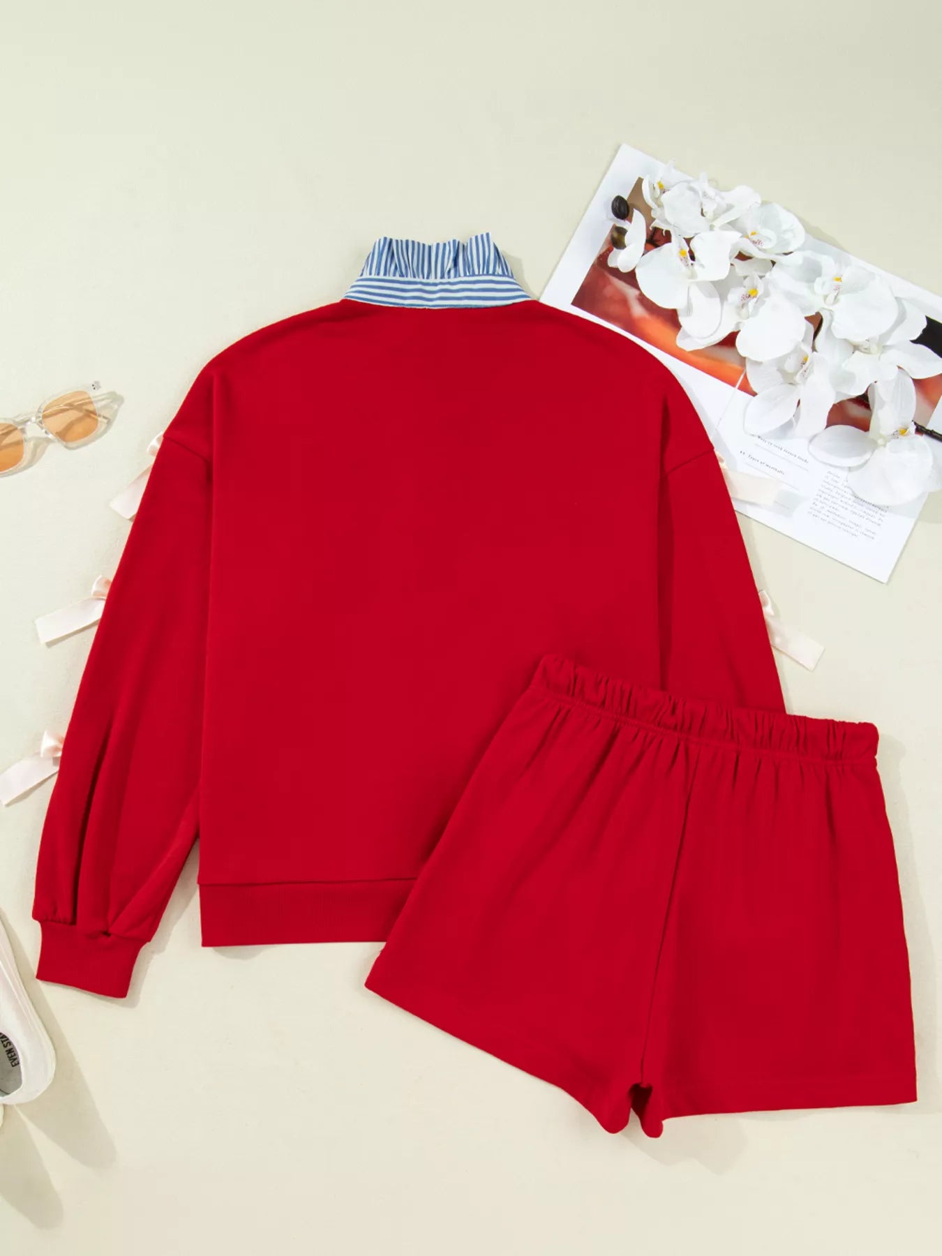 Striped Collar Patchwork Satin Bow Sweatshirt and Shorts Set