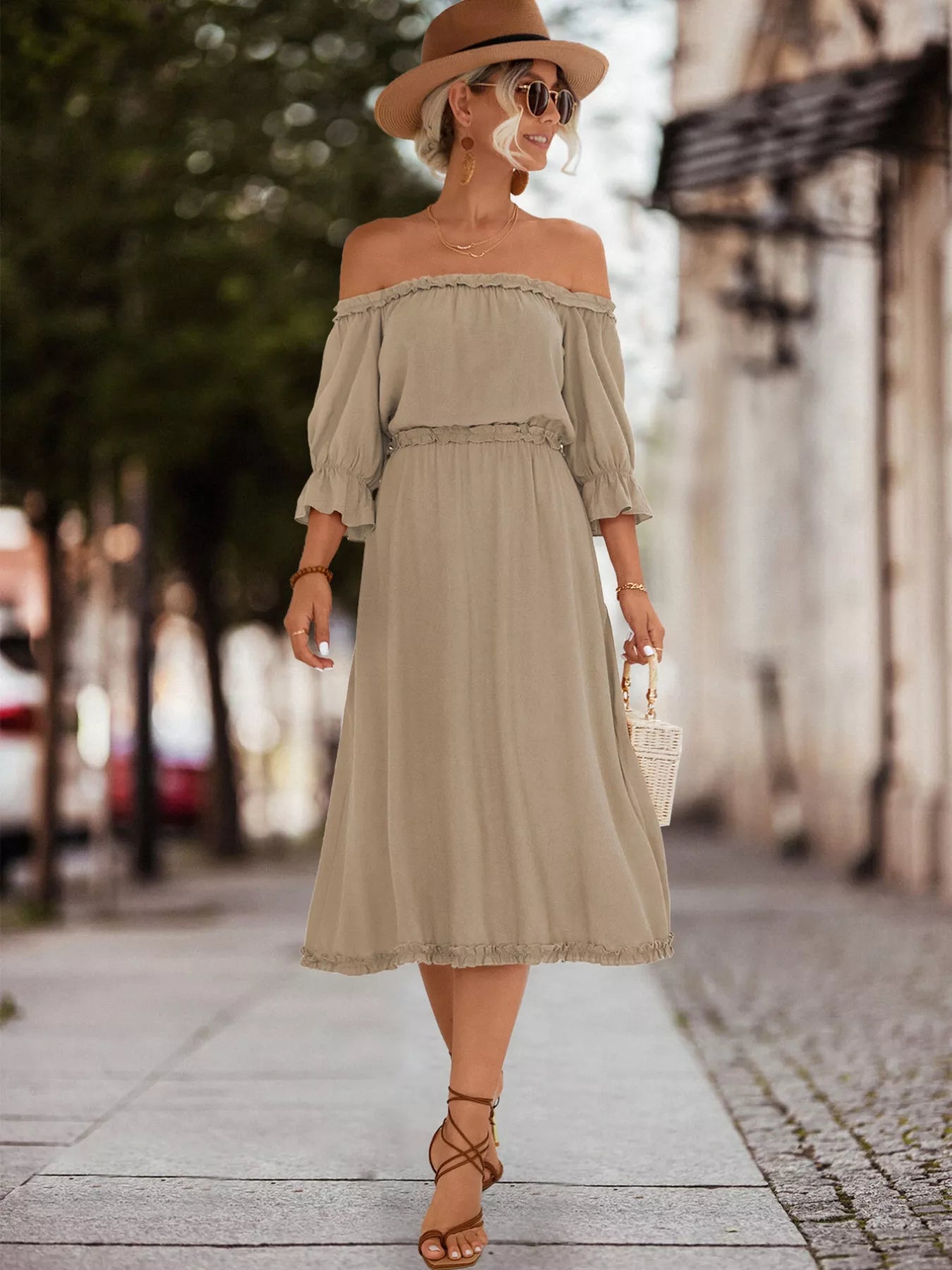 Off-Shoulder Flounce Sleeve Midi Dress Khaki