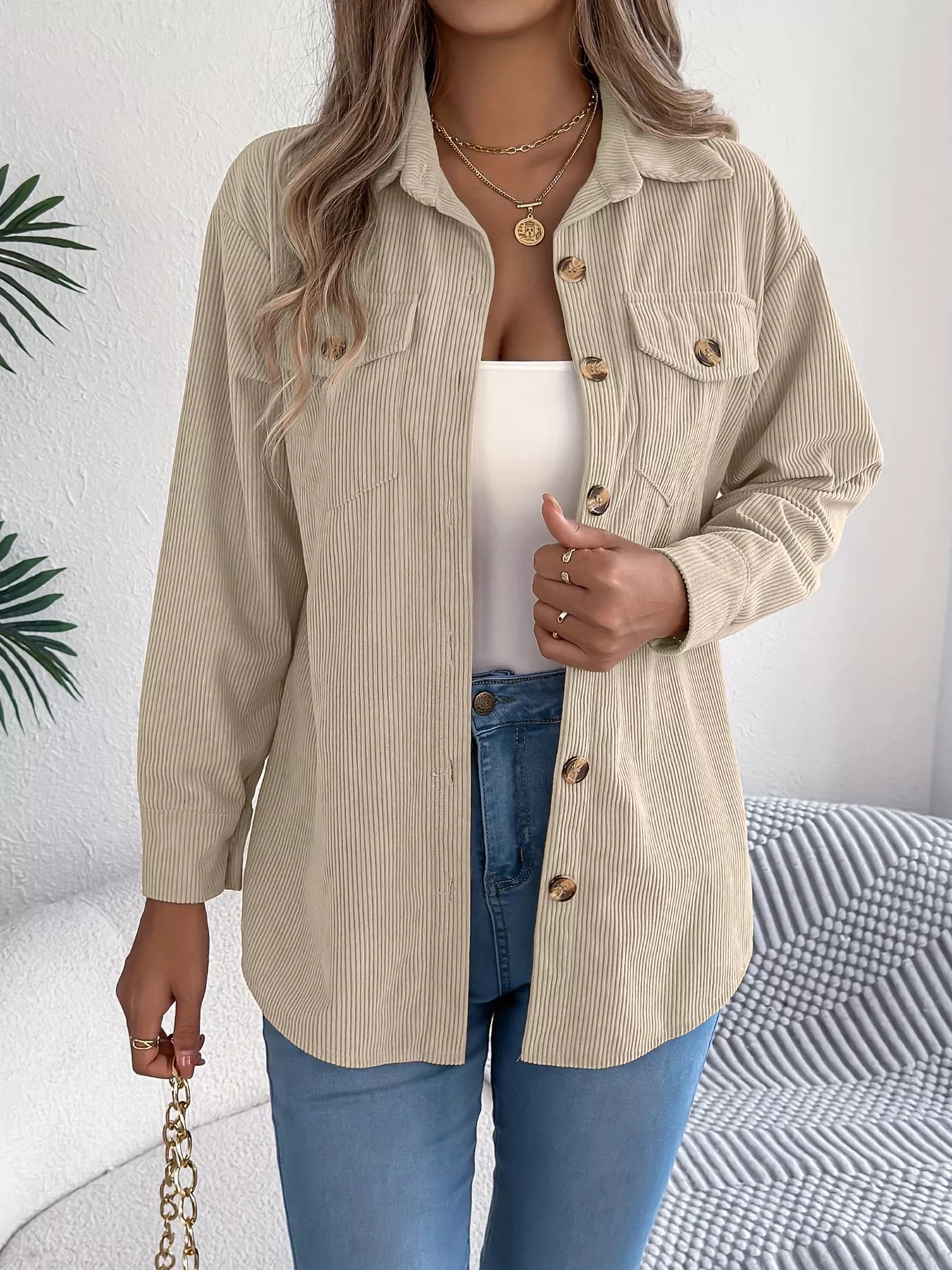 Corduroy Button-Up Long Sleeve Shacket