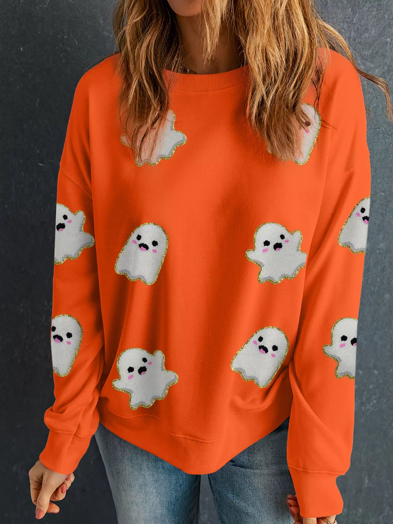 Halloween Ghost Patched Pattern Holiday Sweatshirt Orange