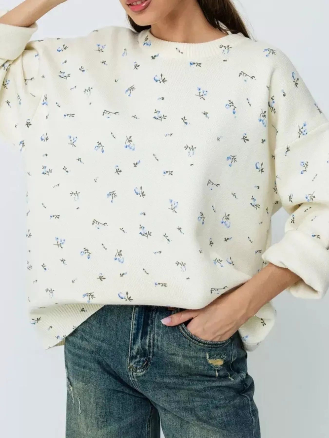 Ribbed Hem Floral Long Sleeve Sweater Gray white