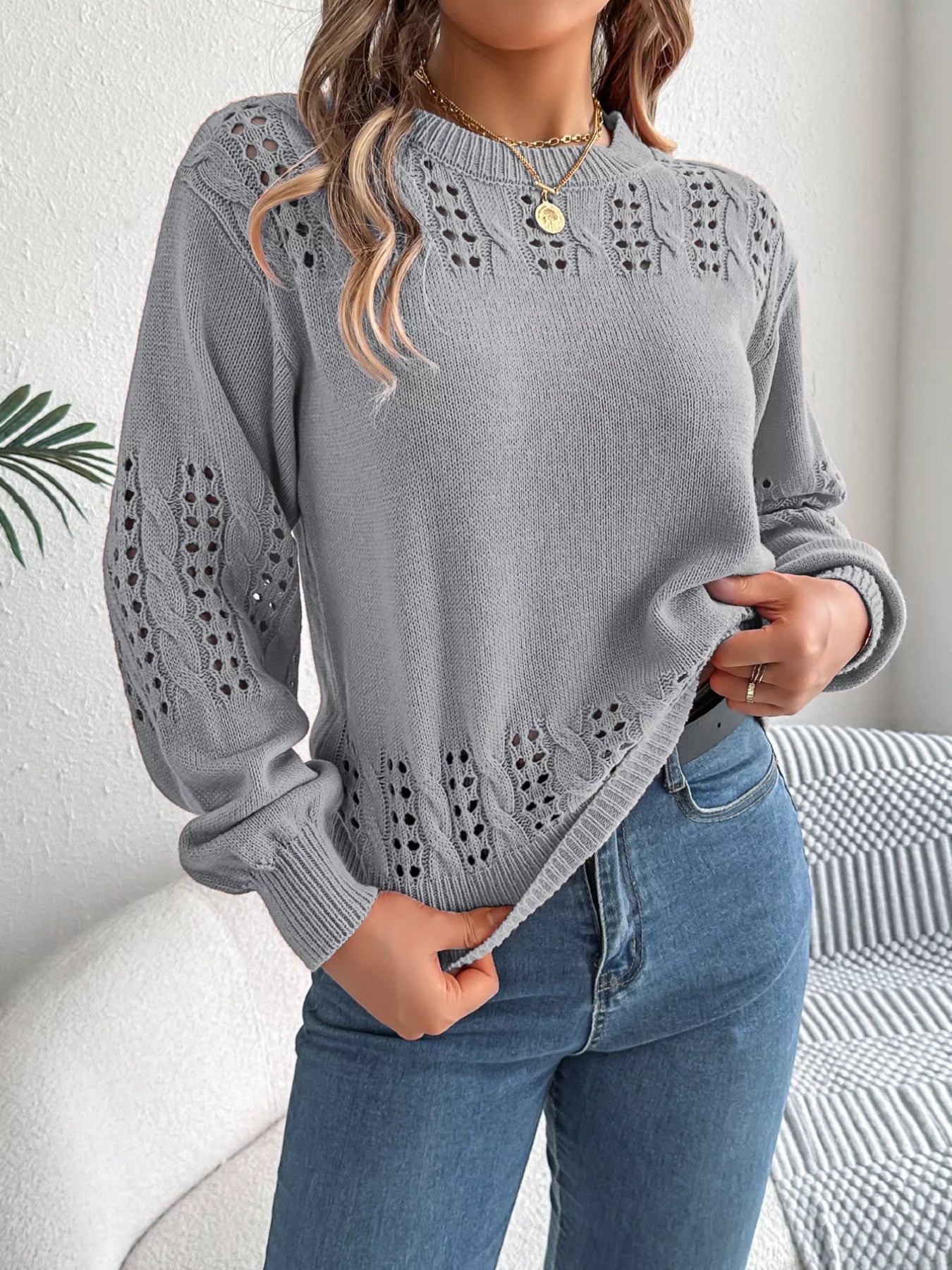 Hollow Out Eyelet Long Sleeve Sweater Gray