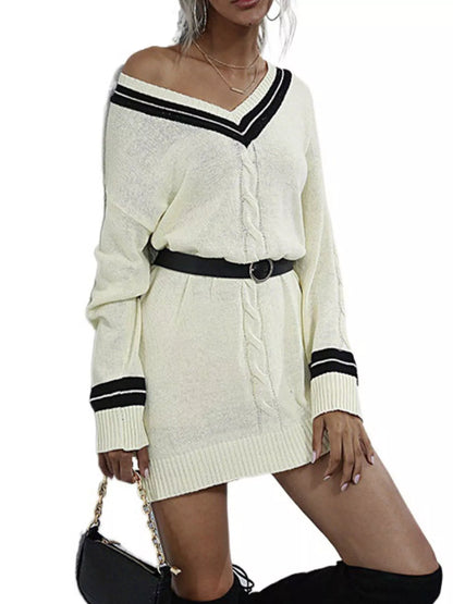 V-Neck Striped Trim Cable Knit Sweater Dress