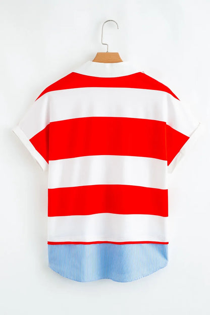 Stripe Collar V Neck Cuffed Dolman Short Sleeve Top