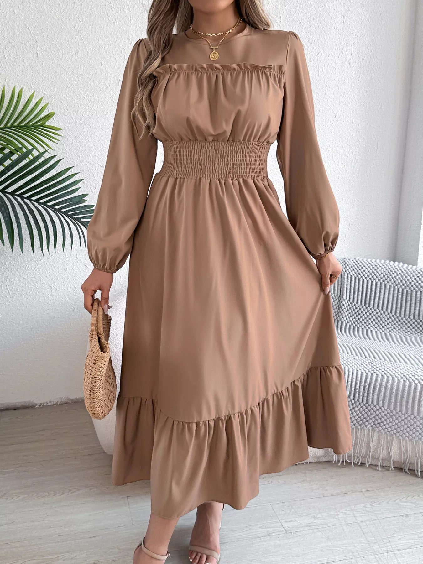 Round Neck Balloon Sleeve Tiered Dress Khaki