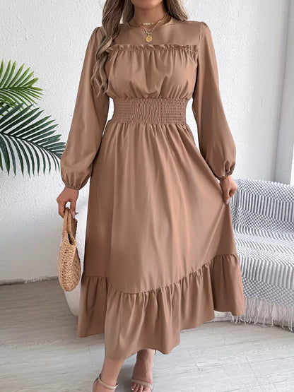 Round Neck Balloon Sleeve Tiered Dress Khaki