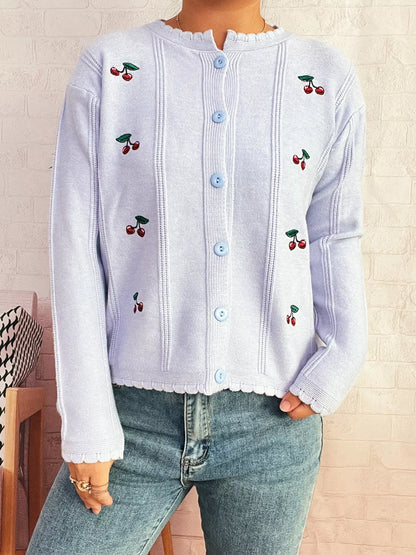 Cherry Embroidered Button Up Cardigan Light Blue One Size