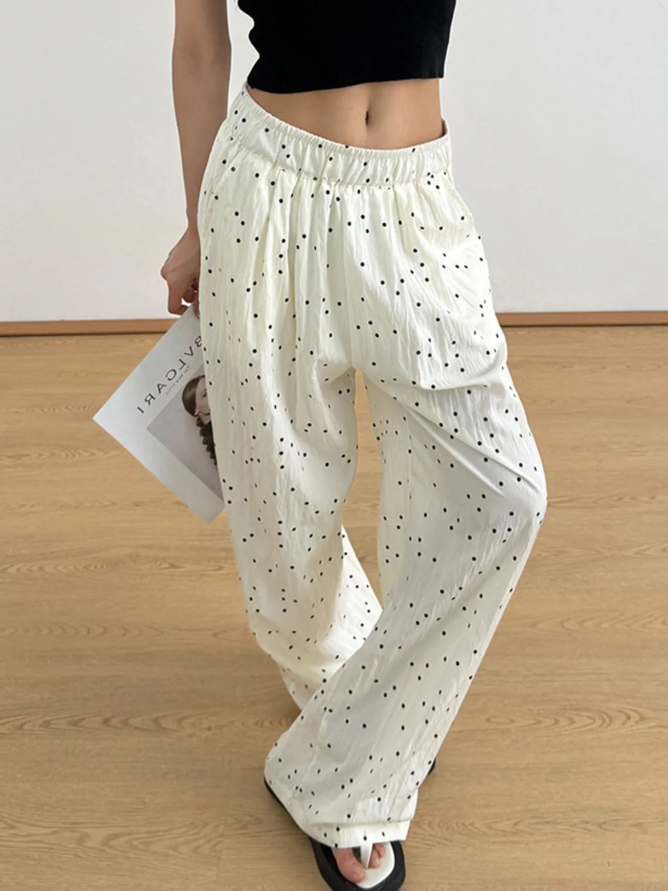 Polka Dot Wide Leg Relaxed Fit Pants Apricot