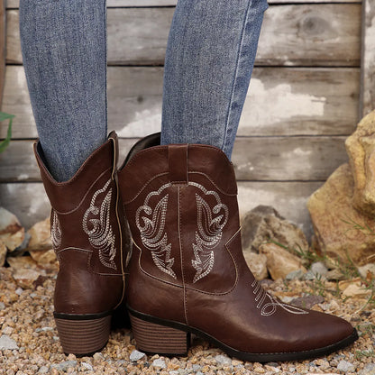 Western Cowboy Boots with Embroidered Design Brown