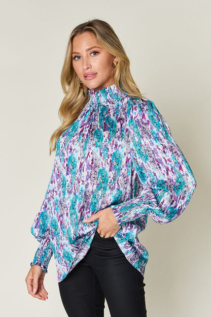 Semi-Sheer Smocked Top with Long Sleeves & Frills