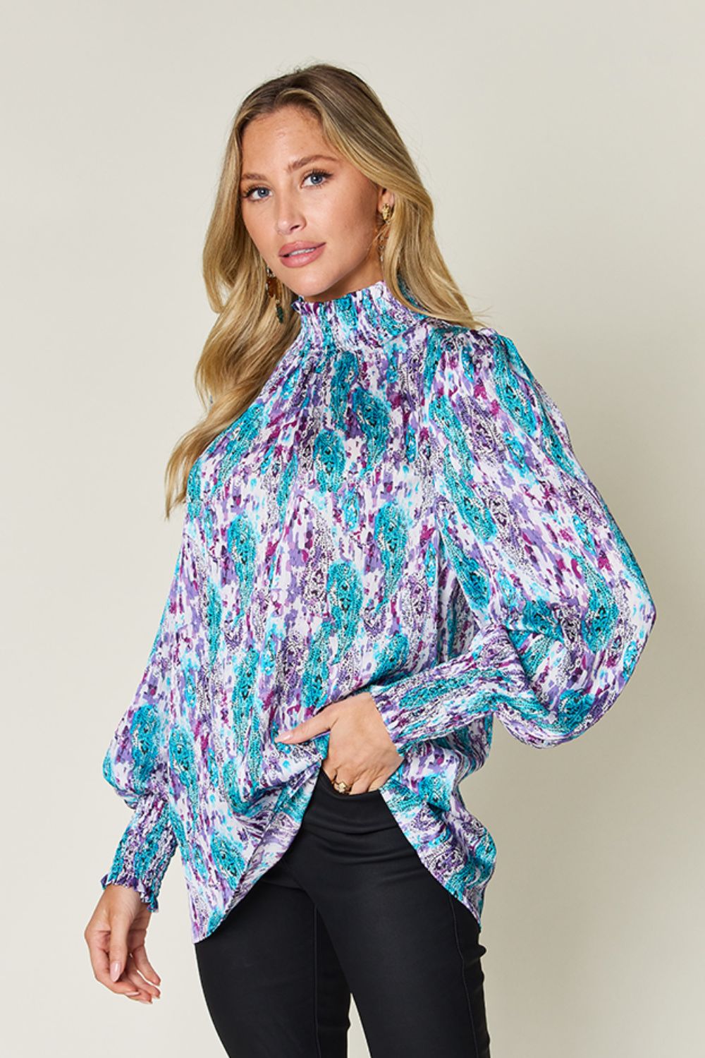 Semi-Sheer Smocked Top with Long Sleeves & Frills